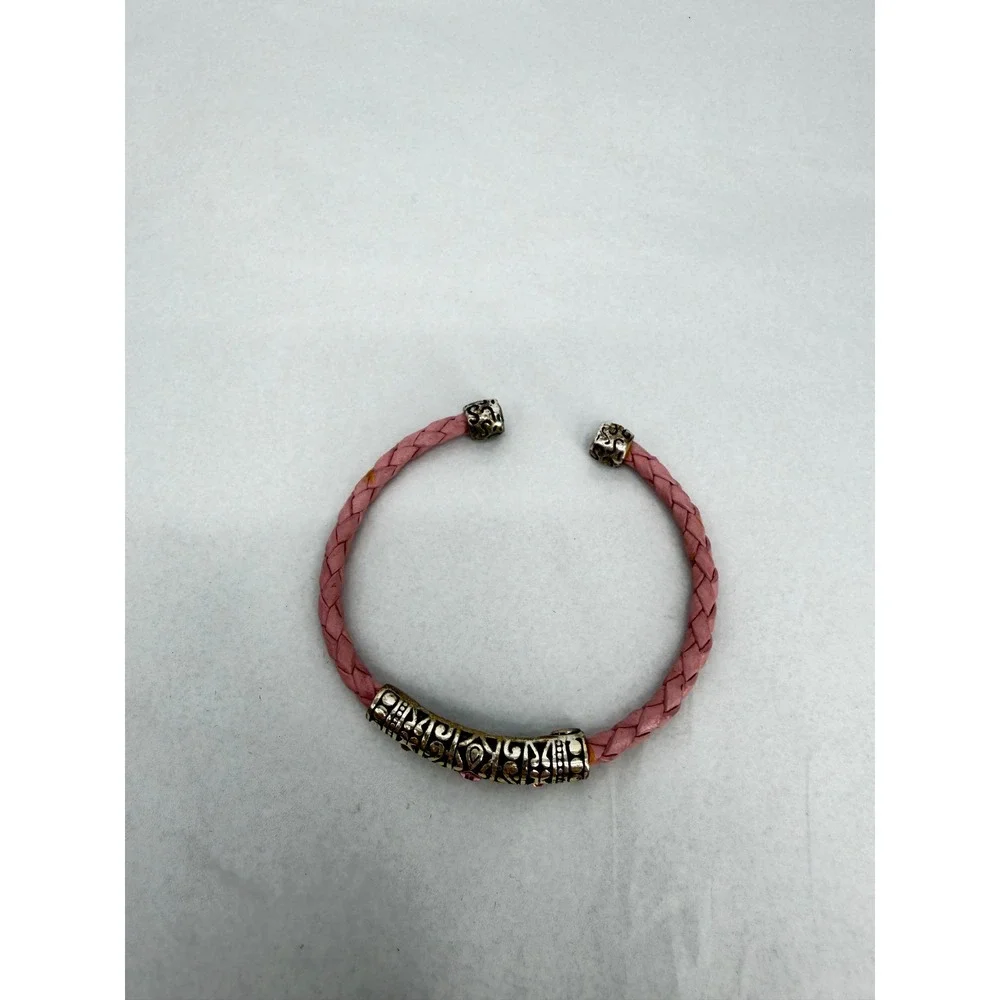 Pink Braided Woven Leather Bracelet Silver Plated Tube w/ Pink Crystals Boho OS